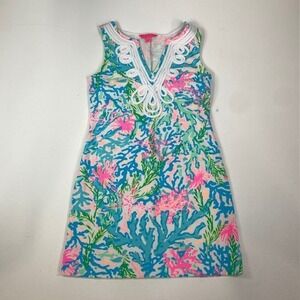 Lilly Pulitzer Sleeveless Shift Dress Coral Reef Print White Trim Size S